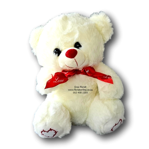Small cream teddy bear with heart on it’s feet