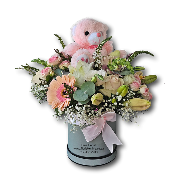 New Baby Blush Floral Hat Box and Teddy - Image 3