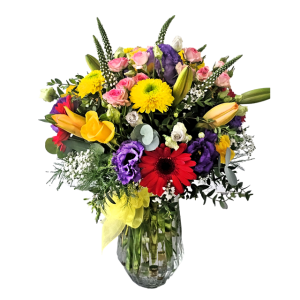 classic mix of fresh flowers in glass vase, By Eros Florist