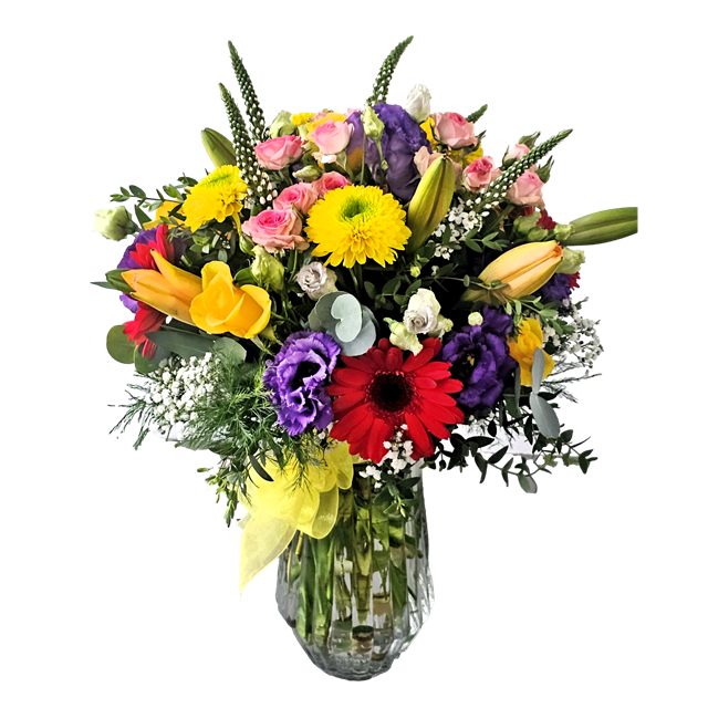 classic mix of fresh flowers in glass vase, By Eros Florist