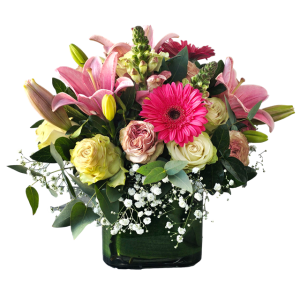 Pink Seasonal Flowers in Square Vase