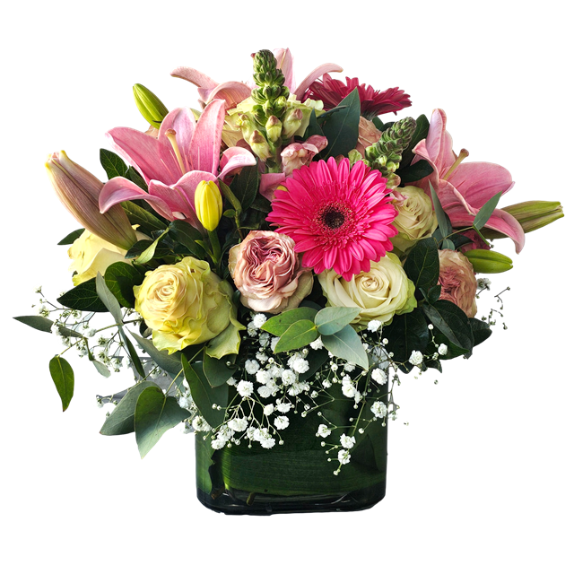 Pink Seasonal Flowers in Square Vase