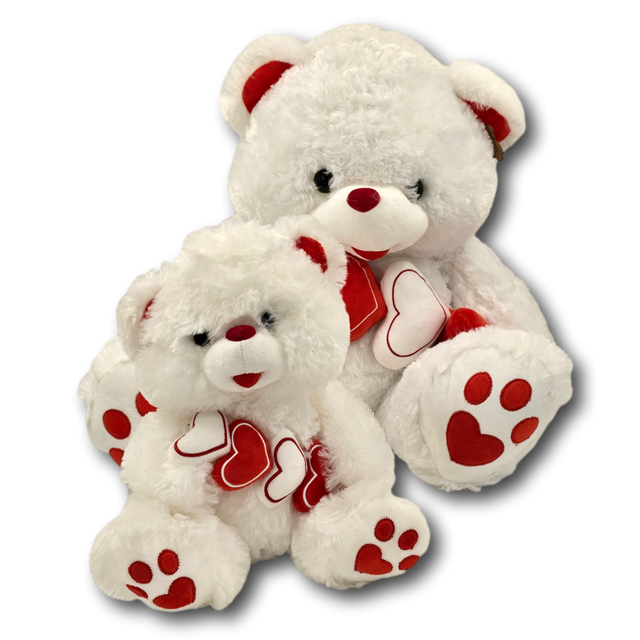White Teddy Bear with Red & White Hearts – Soft Romantic Gift
