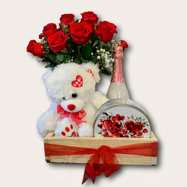 12 Red Rose Vase, Teddy & Ferrero Rocher Gift Hamper | Pretoria Delivery
