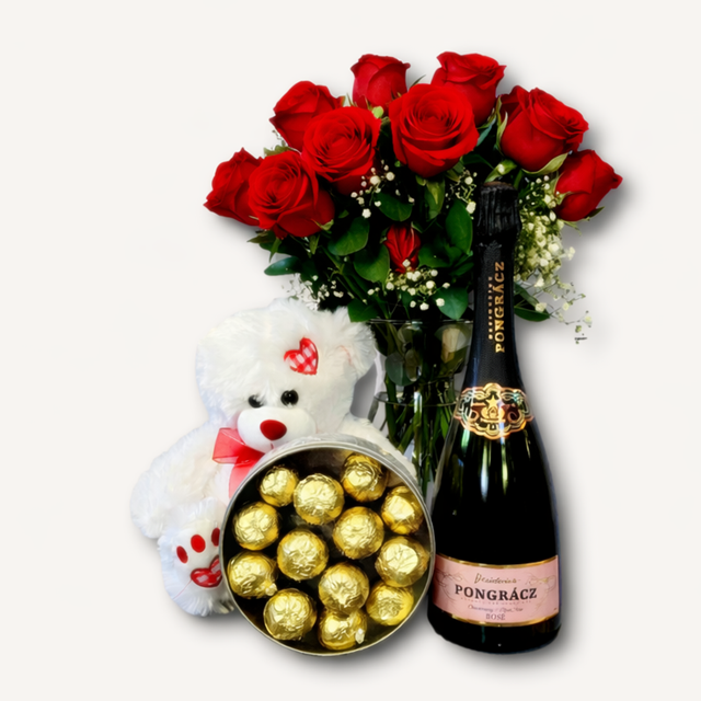12 Red Rose Vase, Teddy & Ferrero Rocher Gift Hamper | Pretoria Delivery