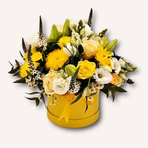 A fresh yellow and white mixed flower hatbox arrangement available in Small, Medium and Large sizes, perfect for birthdays, celebrations, corporate gifting and get-well wishes. Same-day Pretoria delivery available.
