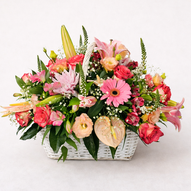 Elegant pink flower basket arrangement with lilies roses and gerberas