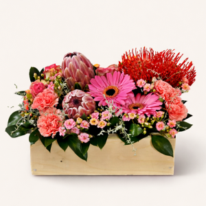 Protea flower crate arrangement with gerberas and roses by Pretoria florist