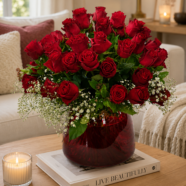 Celebrate life's most meaningful moments with our Premium Red Roses in a Ruby Glass Vase—a timeless floral arrangement that beautifully expresses love, passion and appreciation. Handcrafted by the expert florists at Eros Florist, this luxurious arrangement features premium long-stem red roses, delicately complemented with baby's breath (Gypsophila) and fresh seasonal foliage. Arranged in an elegant ruby glass vase, it arrives ready to display, making it the perfect gift for someone special.