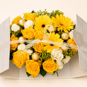 A luxurious combination of fresh flowers and indulgent chocolates, beautifully presented in an elegant gift box. Featuring fresh seasonal blooms, six Ferrero Rocher chocolates and delicate finishing touches,