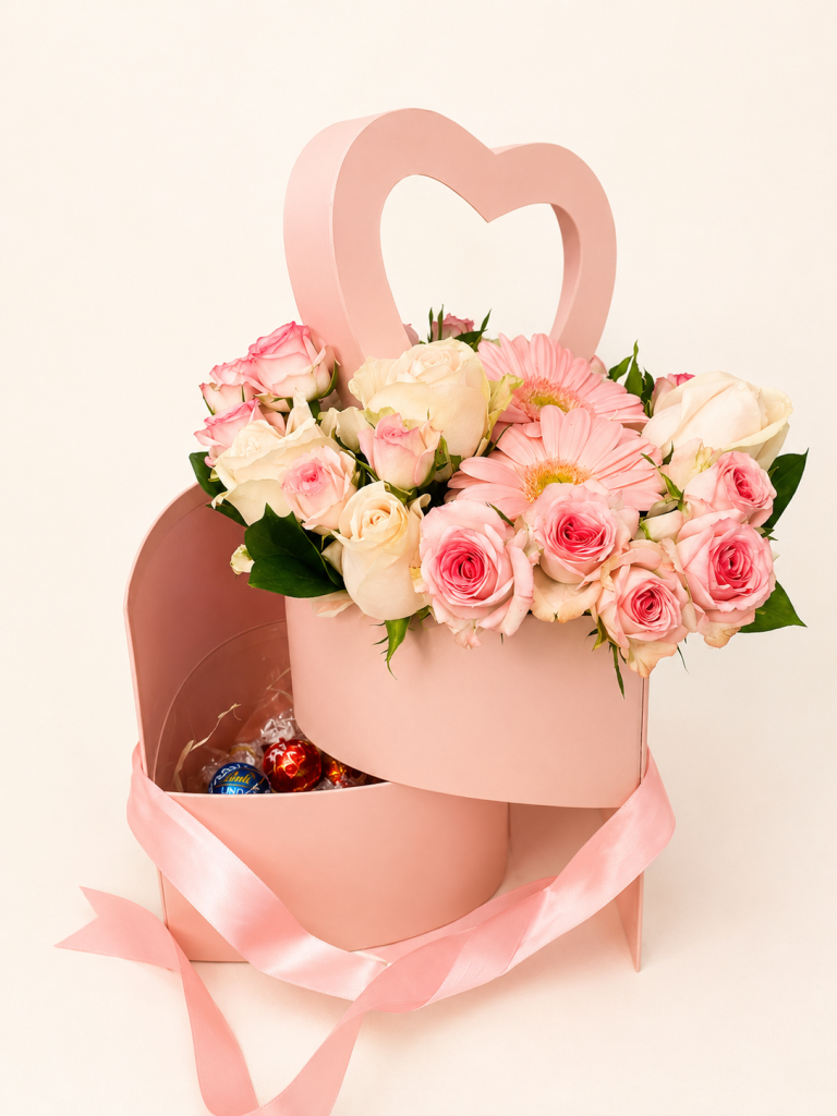 A romantic combination of fresh flowers and twelve assorted Lindt Lindor chocolates, beautifully presented in a heart-shaped gift box.