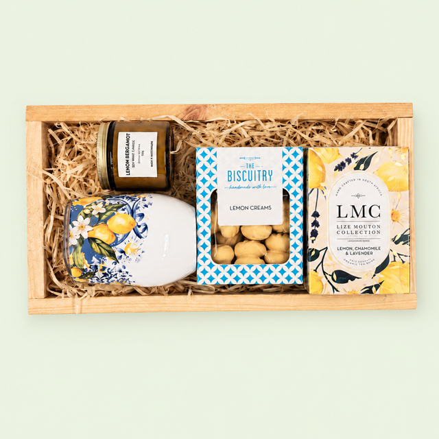 Lemon Tea and Biscuit Gift Hamper with double-wall tumbler, herbal tea, lemon creams and scented candle for delivery in Pretoria