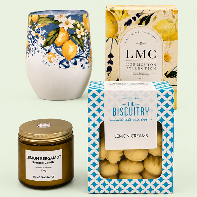 Lemon Tea and Biscuit Gift Hamper with double-wall tumbler, herbal tea, lemon creams and scented candle for delivery in Pretoria