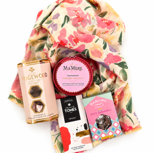 Luxury floral scarf gift box containing Turkish delight, honey nougat, soft caramels and artisanal chocolate.
