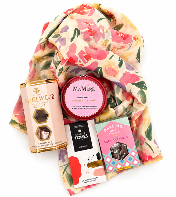 Luxury floral scarf gift box containing Turkish delight, honey nougat, soft caramels and artisanal chocolate.