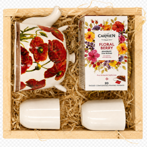 Floral Tea for Two Gift Crate with ceramic teapot, two cups and Carmién Floral Berry tea
