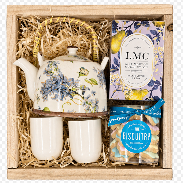 Floral Tea and Biscuit Gift Crate with ceramic teapot, two cups, Elderflower and Pear tea and colourful flower-shaped iced biscuits