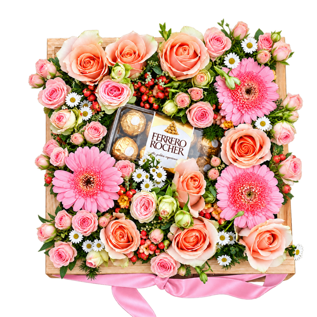 Bed of Pastel Blooms pink flower box with roses, gerberas and Ferrero Rocher chocolates