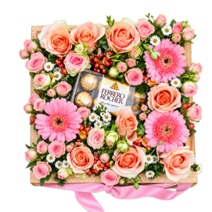 Bed of Pastel Blooms pink flower box with roses, gerberas and Ferrero Rocher chocolates