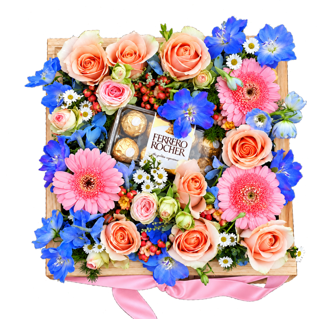 Bed of Pastel Blooms pink flower box with roses, gerberas and Ferrero Rocher chocolates