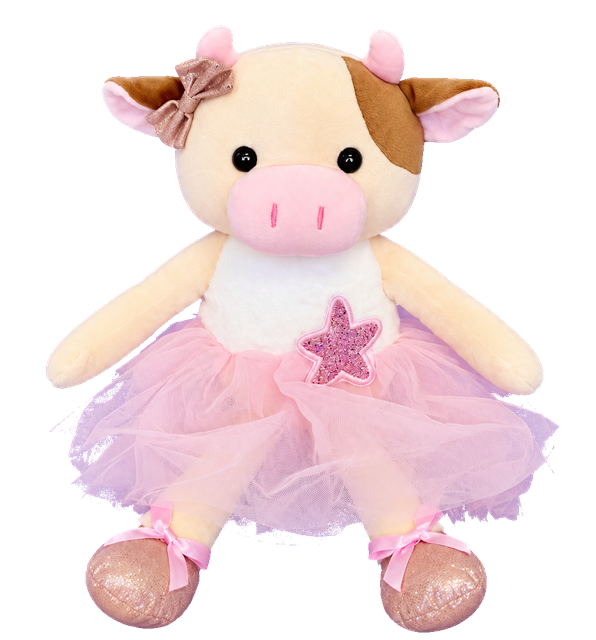 Bella ballerina cow plush soft toy wearing a pink tulle tutu