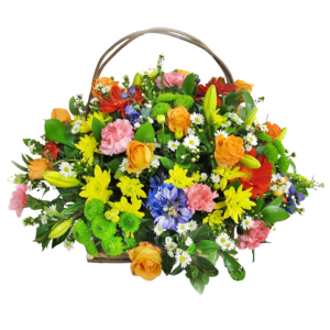 Bright colorful flower basket by Eros Florist