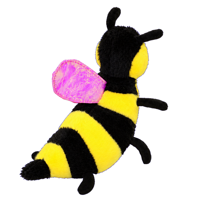 Buzzy Bee black and yellow plush soft toy with shimmering pink-purple wings