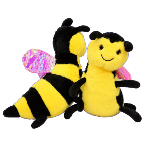 Buzzy Bee black and yellow plush soft toy with shimmering pink-purple wings