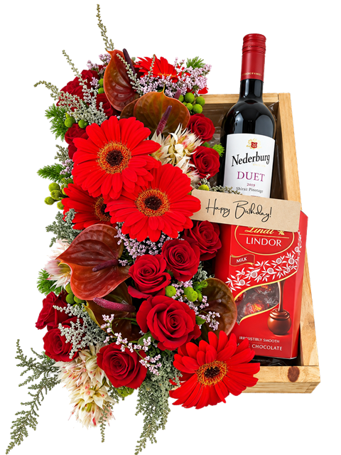 Classic red flower arrangement with chocolates and red wine in a wooden gift tray