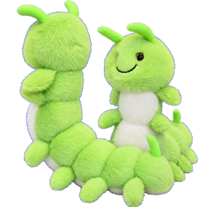 Green caterpillar plush soft toy with a cream tummy and smiling face