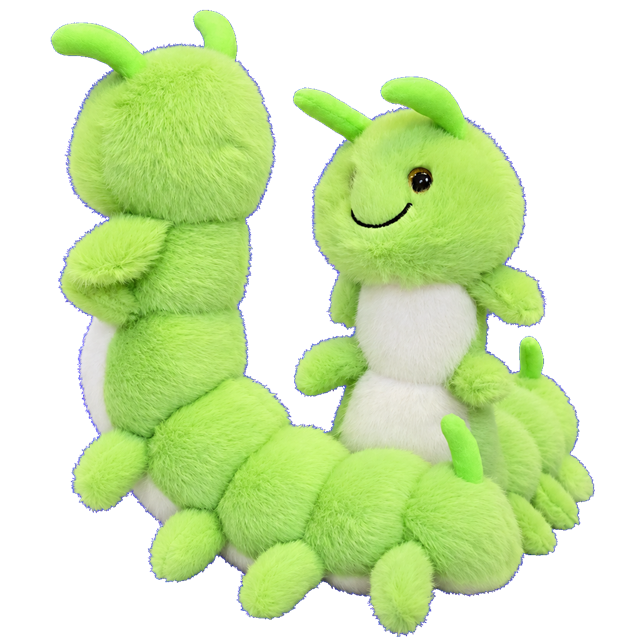 Green caterpillar plush soft toy with a cream tummy and smiling face