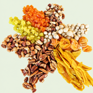 Selection of dried fruit, mixed nuts and sweet nibbles sold in individual packets