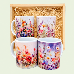 Shop a set of four colourful floral mugs presented in a wooden crate. A thoughtful tea or coffee gift from Eros Florist. Pretoria deliveries only.