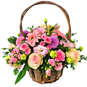 seasonal flower basket in shades of pink flowers