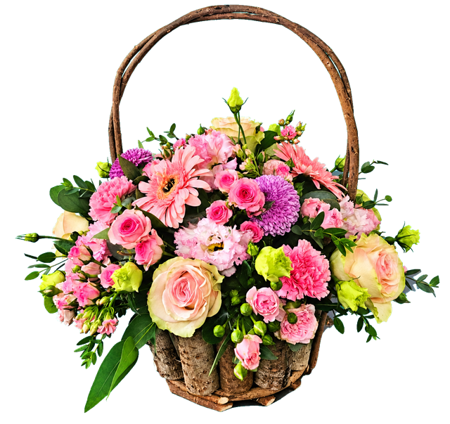 seasonal flower basket in shades of pink flowers