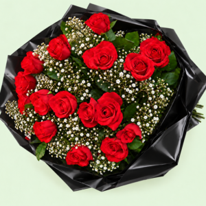 Red roses with gypsophila wrapped in black cello sheets