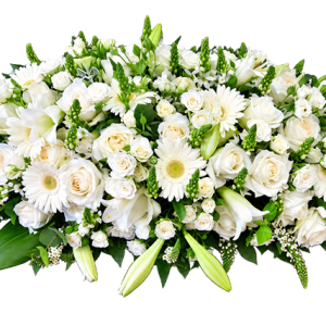 Serene white oval sympathy wreath made with seasonal flowers