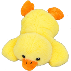 Sunny yellow duck plush soft toy front view with orange beak and feet