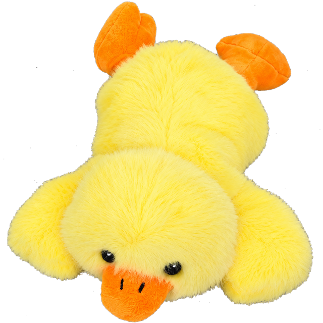 Sunny yellow duck plush soft toy front view with orange beak and feet