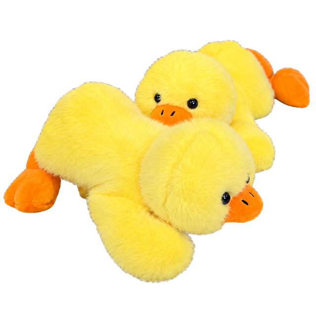 Sunny yellow duck plush soft toy front view with orange beak and feet
