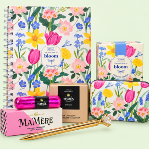 Time to Bloom Ladies Gift Hamper with floral notebook, scented candle, manicure set, Mamere Nougat and Tomes chocolates from Eros Florist Pretoria.