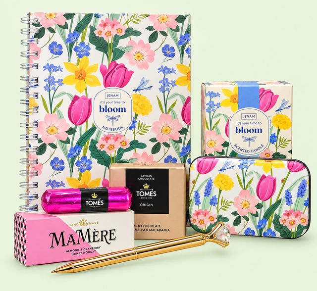 Time to Bloom Ladies Gift Hamper with floral notebook, scented candle, manicure set, Mamere Nougat and Tomes chocolates from Eros Florist Pretoria.