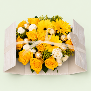 A luxurious combination of fresh flowers and indulgent chocolates, beautifully presented in an elegant gift box. Featuring fresh seasonal blooms, six Ferrero Rocher chocolates and delicate finishing touches,
