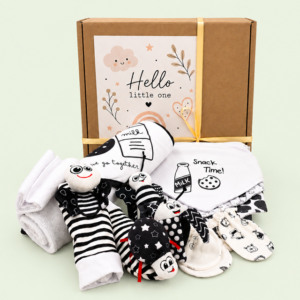 Gender-neutral baby gift hamper containing a hooded towel, washcloth, dribble bibs, cotton mittens and a bug-themed wrist and foot rattle set.