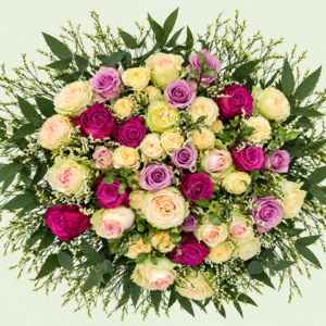 Soft Romance hand-tied bouquet of lilac, cream and pink standard and spray roses with greenery and delicate filler flowers