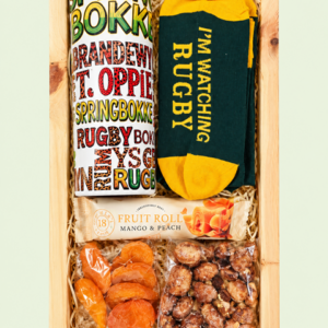 Rugby Fan Gift Box with double-walled rugby tumbler, novelty rugby socks, packet of dried fruit, nuts and fruit roll in a wooden gift crate.