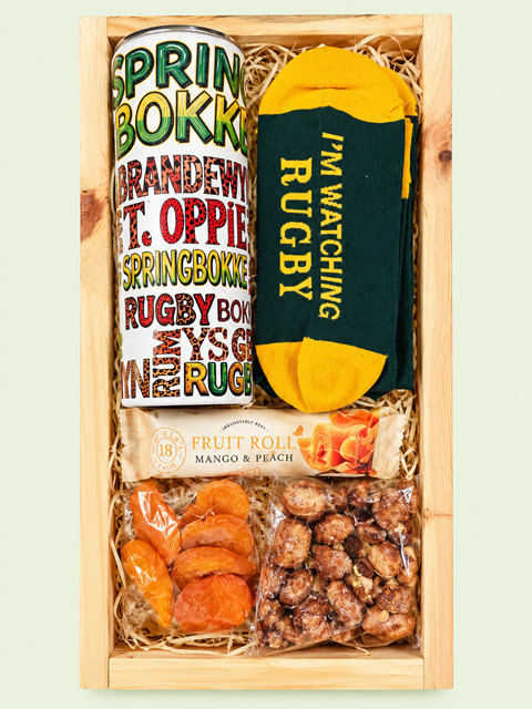Rugby Fan Gift Box with double-walled rugby tumbler, novelty rugby socks, packet of dried fruit, nuts and fruit roll in a wooden gift crate.