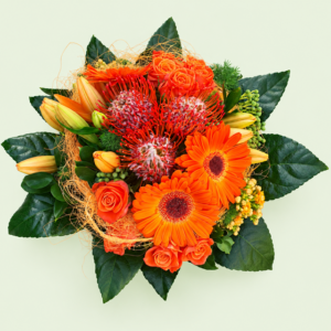 Modern orange bouquet with grouped roses, gerberas, lilies and pincushion proteas, surrounded by green foliage