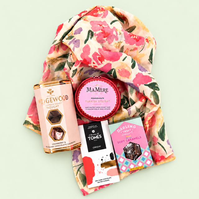 Elegant floral scarf gift box containing premium chocolate, Turkish delight, nougat and soft caramels.
