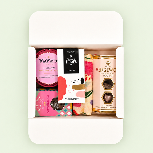 Elegant floral scarf gift box containing premium chocolate, Turkish delight, nougat and soft caramels.